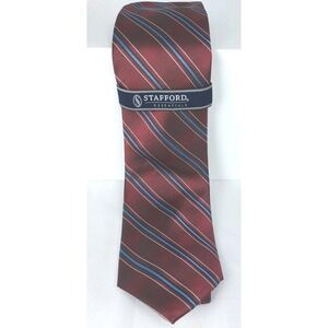 Stafford Essentials Striped Tie Burgundy Wine Maroon Blue Silk Necktie New 3.5"